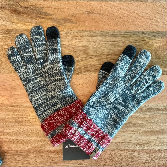 | eddie bauer • herringbone gray & red ravenna pom beanie & gloves set | - Picture 7 of 12